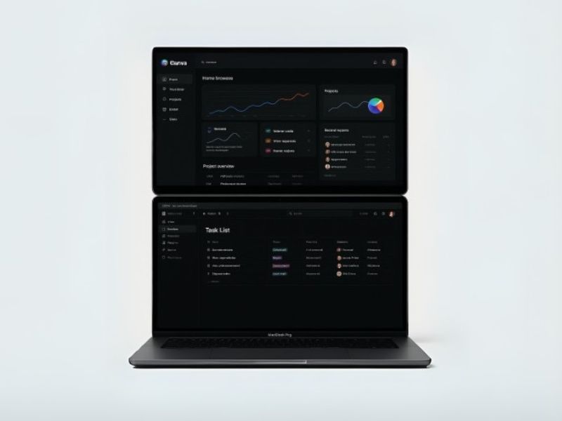 STACKD dual monitor setup showing productivity dashboard